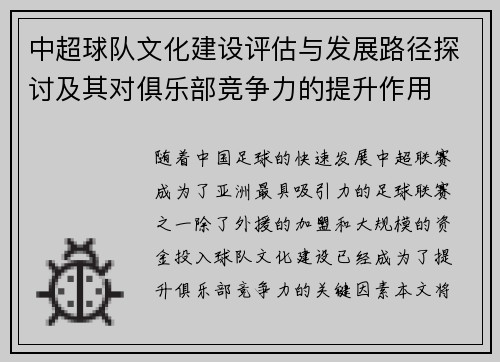 中超球队文化建设评估与发展路径探讨及其对俱乐部竞争力的提升作用