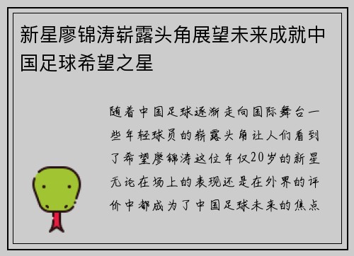 新星廖锦涛崭露头角展望未来成就中国足球希望之星